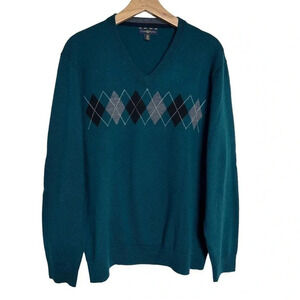 Club Room XL teal V-neck argyle 52%‎ merino wool sweater golf preppy